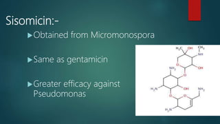 Sisomicin:-
Obtained from Micromonospora
Same as gentamicin
Greater efficacy against
Pseudomonas
 
