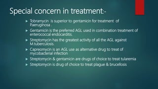 Special concern in treatment:-
 Tobramycin is superior to gentamicin for treatment of
P.aeruginosa .
 Gentamicin is the preferred AGL used in combination treatment of
enterococcal endocarditis.
 Streptomycin has the greatest activity of all the AGL against
M.tuberculosis.
 Capreomycin is an AGL use as alternative drug to treat of
mycobacterial infection
 Streptomycin & gentamicin are drugs of choice to treat tularemia
 Streptomycin is drug of choice to treat plague & brucellosis
 