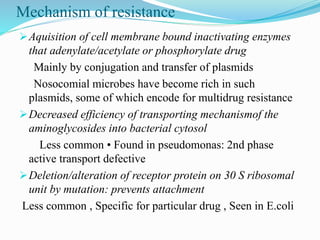 Mechanism of resistance
Aquisition of cell membrane bound inactivating enzymes
that adenylate/acetylate or phosphorylate drug
Mainly by conjugation and transfer of plasmids
Nosocomial microbes have become rich in such
plasmids, some of which encode for multidrug resistance
Decreased efficiency of transporting mechanismof the
aminoglycosides into bacterial cytosol
Less common • Found in pseudomonas: 2nd phase
active transport defective
Deletion/alteration of receptor protein on 30 S ribosomal
unit by mutation: prevents attachment
Less common , Specific for particular drug , Seen in E.coli
 