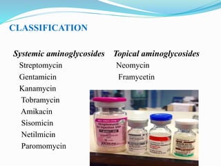 Systemic aminoglycosides Topical aminoglycosides
Streptomycin Neomycin
Gentamicin Framycetin
Kanamycin
Tobramycin
Amikacin
Sisomicin
Netilmicin
Paromomycin
CLASSIFICATION
 