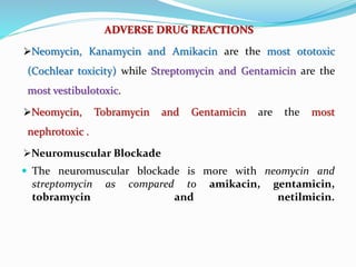 ADVERSE DRUG REACTIONS
Neomycin, Kanamycin and Amikacin are the most ototoxic
(Cochlear toxicity) while Streptomycin and Gentamicin are the
most vestibulotoxic.
Neomycin, Tobramycin and Gentamicin are the most
nephrotoxic .
Neuromuscular Blockade
 The neuromuscular blockade is more with neomycin and
streptomycin as compared to amikacin, gentamicin,
tobramycin and netilmicin.
 