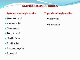 AMINOGLYCOSIDE DRUGS
Systemic aminoglycosides Topical aminoglycosides
 Streptomycin
 Kanamycin
 Gentamicin
 Tobramycin
 Netilmicin
 Amikacin
 Paromomycin
 Abekacin
•Neomycin
•Framycetin
 