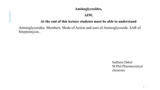 Aminoglycosides,
AIM:
At the end of this lecture students must be able to understand
Aminoglycosides: Members, Mode of Action and uses of Aminoglycoside. SAR of
Streptomycin..
Sadhana Dahal
M.Phil Pharmaceutical
chemistry
1
 