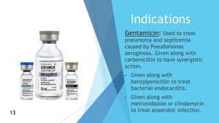 Indications
Gentamicin: Used to treat
pneumonia and septicemia
caused by Pseudomonas
aeruginosa. Given along with
carbenicillin to have synergistic
action.
• Given along with
benzylpenicillin to treat
bacterial endocarditis.
• Given along with
metronidazole or clindamycin
to treat anaerobic infection.13
13
 