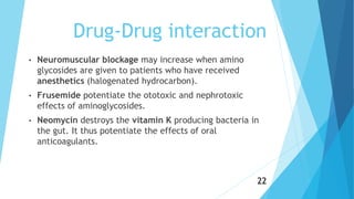 Drug-Drug interaction
• Neuromuscular blockage may increase when amino
glycosides are given to patients who have received
anesthetics (halogenated hydrocarbon).
• Frusemide potentiate the ototoxic and nephrotoxic
effects of aminoglycosides.
• Neomycin destroys the vitamin K producing bacteria in
the gut. It thus potentiate the effects of oral
anticoagulants.
22
 