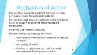 Mechanism of Action
• Initially they penetrate bacterial cell wall to reach
periplasmic space through porin channel
• Further transport across cytoplasmic membrane takes
place by oxygen dependent active transport
mechanism
• Bind with 30s ribosomal subunit.
• Protein synthesis is inhibited by 3 ways.
 Interference with initiation complex of peptide
formation
 Misreading of mRNA
 Breakup of polysomes into nonfunctional
monosomes/inhibiting translocation
7
 