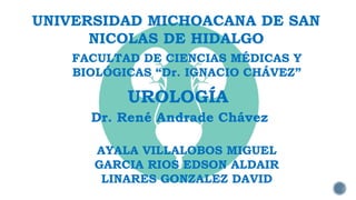 UNIVERSIDAD MICHOACANA DE SAN
NICOLAS DE HIDALGO
FACULTAD DE CIENCIAS MÉDICAS Y
BIOLÓGICAS “Dr. IGNACIO CHÁVEZ”
UROLOGÍA
Dr. René Andrade Chávez
AYALA VILLALOBOS MIGUEL
GARCIA RIOS EDSON ALDAIR
LINARES GONZALEZ DAVID
 