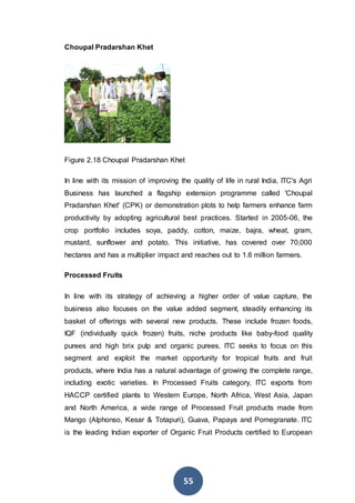 55
Choupal Pradarshan Khet
Figure 2.18 Choupal Pradarshan Khet
In line with its mission of improving the quality of life in rural India, ITC's Agri
Business has launched a flagship extension programme called 'Choupal
Pradarshan Khet' (CPK) or demonstration plots to help farmers enhance farm
productivity by adopting agricultural best practices. Started in 2005-06, the
crop portfolio includes soya, paddy, cotton, maize, bajra, wheat, gram,
mustard, sunflower and potato. This initiative, has covered over 70,000
hectares and has a multiplier impact and reaches out to 1.6 million farmers.
Processed Fruits
In line with its strategy of achieving a higher order of value capture, the
business also focuses on the value added segment, steadily enhancing its
basket of offerings with several new products. These include frozen foods,
IQF (individually quick frozen) fruits, niche products like baby-food quality
purees and high brix pulp and organic purees. ITC seeks to focus on this
segment and exploit the market opportunity for tropical fruits and fruit
products, where India has a natural advantage of growing the complete range,
including exotic varieties. In Processed Fruits category, ITC exports from
HACCP certified plants to Western Europe, North Africa, West Asia, Japan
and North America, a wide range of Processed Fruit products made from
Mango (Alphonso, Kesar & Totapuri), Guava, Papaya and Pomegranate. ITC
is the leading Indian exporter of Organic Fruit Products certified to European
 