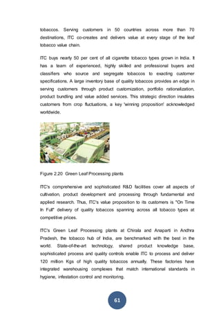 61
tobaccos. Serving customers in 50 countries across more than 70
destinations, ITC co-creates and delivers value at every stage of the leaf
tobacco value chain.
ITC buys nearly 50 per cent of all cigarette tobacco types grown in India. It
has a team of experienced, highly skilled and professional buyers and
classifiers who source and segregate tobaccos to exacting customer
specifications. A large inventory base of quality tobaccos provides an edge in
serving customers through product customization, portfolio rationalization,
product bundling and value added services. This strategic direction insulates
customers from crop fluctuations, a key 'winning proposition' acknowledged
worldwide.
Figure 2.20 Green Leaf Processing plants
ITC's comprehensive and sophisticated R&D facilities cover all aspects of
cultivation, product development and processing through fundamental and
applied research. Thus, ITC's value proposition to its customers is "On Time
In Full" delivery of quality tobaccos spanning across all tobacco types at
competitive prices.
ITC's Green Leaf Processing plants at Chirala and Anaparti in Andhra
Pradesh, the tobacco hub of India, are benchmarked with the best in the
world. State-of-the-art technology, shared product knowledge base,
sophisticated process and quality controls enable ITC to process and deliver
120 million Kgs of high quality tobaccos annually. These factories have
integrated warehousing complexes that match international standards in
hygiene, infestation control and monitoring.
 