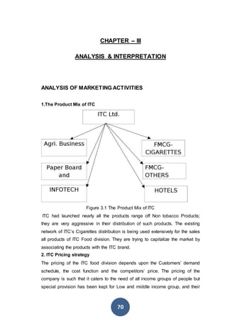 70
CHAPTER – III
ANALYSIS & INTERPRETATION
ANALYSIS OF MARKETING ACTIVITIES
1.The Product Mix of ITC
Figure 3.1 The Product Mix of ITC
ITC had launched nearly all the products range off Non tobacco Products;
they are very aggressive in their distribution of such products. The existing
network of ITC’s Cigarettes distribution is being used extensively for the sales
all products of ITC Food division. They are trying to capitalize the market by
associating the products with the ITC brand.
2. ITC Pricing strategy
The pricing of the ITC food division depends upon the Customers’ demand
schedule, the cost function and the competitors’ price. The pricing of the
company is such that it caters to the need of all income groups of people but
special provision has been kept for Low and middle income group, and their
 