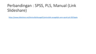 Perbandingan : SPSS, PLS, Manual (Link
Slideshare)
https://www.slideshare.net/AminullahAssagaf1/aminullah-assagafpls-sem-spss4-juli-2023pptx
 