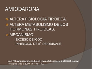 AMIODARONA
ž  ALTERA FISIOLOGIA TIROIDEA.
ž  ALTERA METABOLISMO DE LOS
HORMONAS TIROIDEAS.
ž  MECANISMO:
○  EXCESO DE IODO
○  INHIBICION DE 5’ DEIODINASE
Loh KC. Amiodarone-induced thyroid disorders: a clinical review.
Postgrad Med J 2000; 76:133–140.
 