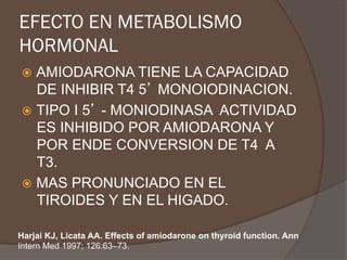 EFECTO EN METABOLISMO
HORMONAL
ž  AMIODARONA TIENE LA CAPACIDAD
DE INHIBIR T4 5’ MONOIODINACION.
ž  TIPO I 5’ - MONIODINASA ACTIVIDAD
ES INHIBIDO POR AMIODARONA Y
POR ENDE CONVERSION DE T4 A
T3.
ž  MAS PRONUNCIADO EN EL
TIROIDES Y EN EL HIGADO.
Harjai KJ, Licata AA. Effects of amiodarone on thyroid function. Ann
Intern Med 1997; 126:63–73.
 