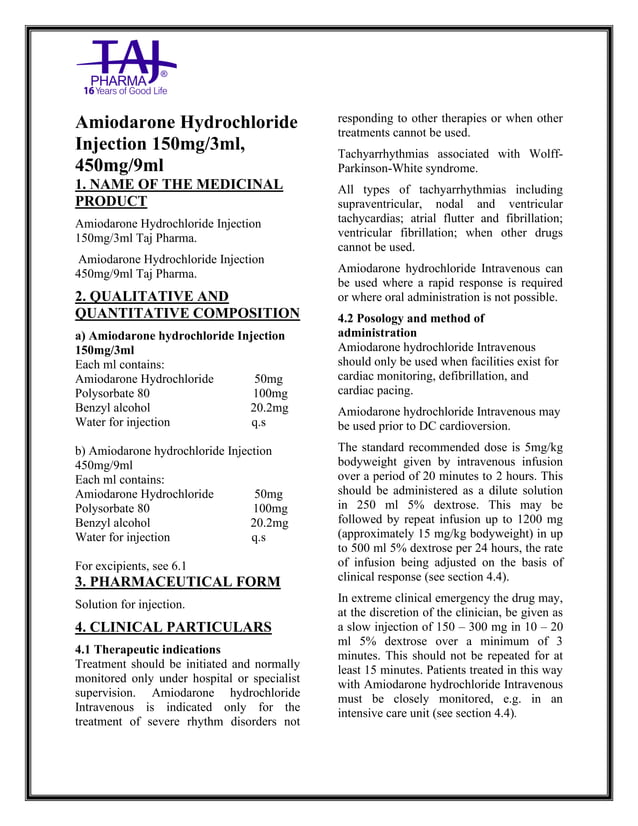 Amiodarone injection taj pharma smpc | PDF