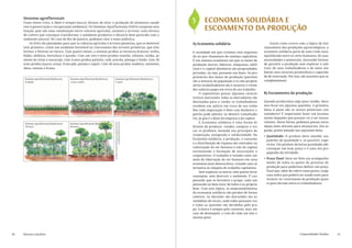 Sistemas agroflorestais
     Como temos visto, o ideal é sempre buscar formas de aliar a produção de alimentos saudá-                             5 	 ECONOMIA SOLIDÁRIA E
     veis à preservação e recuperação ambiental. Os Sistemas AgroFlorestais (SAFs) cumprem esta
     função, pois são uma combinação entre culturas agrícolas, animais e árvores, uma técnica
                                                                                                                          	 ESCOAMENTO DA PRODUÇÃO
     de cultivo que consegue transformar o ambiente produtivo e deixá-lo bem parecido com o
     ambiente natural. No caso do Rio de Janeiro, podemos citar a mata atlântica.
          Os SAFs são planejados para que as culturas agrícolas e árvores pioneiras, que se desenvol-                     A) Economia solidária                                Assim como ocorre com a lógica de fun-
     vem primeiro, criem um ambiente favorável ao crescimento das árvores primárias, que irão                                                                              cionamento das produções agroecológicas, a
     formar a floresta no futuro. Com quatro meses, o sistema produz as lavouras brancas: milho,                          A sociedade em que vivemos está organiza-        economia solidária parte de uma visão mais
     feijão, abóbora, hortaliças e quiabo. Com um ano e meio produz mamão, inhame, taioba, pi-                            da no que chamamos de sistema capitalista.       equilibrada entre os seres humanos, de suas
     menta do reino e maracujá. Com 4 anos produz palmito, café, acerola, pitanga e limão. Com 18                         É um sistema econômico em que os meios de        necessidades e potenciais, buscando formas
     anos produz juçara, araçá, fruta-pão, goiaba e sapoti. Com 40 anos produz madeira, sementes,                         produção (terras, fábricas, máquinas, edifí-     de garantir a produção sem explorar e sub-
     óleos, resinas e frutas.	                                                                                            cios) e o capital (dinheiro) são propriedades    trair de seus trabalhadores e do meio am-
                                                                                                                          privadas, ou seja, possuem um dono. Os pro-      biente seus recursos primordiais e capacida-
                                                                                                                          prietários dos meios de produção (patrões)       de de renovação. Por isso, são assuntos que se
      Sistema Agrof lorestal Biodiverso   Sistema Agrof lorestal Biodiverso    Sistema Agrof lorestal Biodiverso
      4 meses                             1 ano e meio                         5 anos                                     são a minoria da população e os não-proprie-     complementam.
                                                                                                                          tários (trabalhadores) são a maioria e vivem
                                                                                                                          dos salários pagos em troca do seu trabalho.
                                                                                                                               O capitalismo possui algumas caracte-       B) Escoamento da produção
                                                                                                                          rísticas marcantes: todas as mercadorias são
                                                                                                                          destinadas para a venda; os trabalhadores        Quando produzimos algo para vender, deve-
                                                                                                                          recebem um salário em troca do seu traba-        mos focar em algumas questões. A primeira
                                                                                                                          lho; toda negociação é feita com dinheiro; o     delas é quem são os nossos potenciais con-
                                                                                                                          patrão pode admitir ou demitir trabalhado-       sumidores? É importante fazer um levanta-
                                                                                                                          res, já que é o dono da empresa e do capital.    mento daqueles que possam vir a ser nossos
                                                                                                                               A Economia solidária é uma forma di-        clientes. Dessa forma, podemos pensar estra-
                                                                              Projeto Arboreto/Parque Zoobotânico/Uni-
                                                                                              versidade Federal do Acre


      Sistema Agrof lorestal Biodiverso   Sistema Agrof lorestal Biodiverso
      18 anos                             40 anos                                                                         ferente de produzir, vender, comprar e tro-      tégias mais eficazes para alcançá-los. Em se-
                                                                                                                          car os produtos, baseada nos princípios da       guida, preste atenção nos seguintes itens:
                                                                                                                          cooperação, autogestão e solidariedade. Na       •	 Qualidade: O produto deve atender aos
                                                                                                                          Economia solidária, a produção, o consumo           padrões de qualidade e, se possível, supe-
                                                                                                                          e a distribuição de riqueza são centrados na        rá-los. Um produto de baixa qualidade não
                                                                                                                          valorização do ser humano e não do capital,         consegue um bom preço e é uma má pro-
                                                                                                                          estimulando a formação de associações e             paganda da atividade.
                                                                                                                          cooperativas. O trabalho é tratado como um
                                                                                                                          meio de libertação do ser humano em uma          •	 Preço final: Deve ser feito um acompanha-
                                                                                                                          economia mais democrática, criando uma al-          mento de todos os gastos do processo de
                                                                                                                          ternativa às relações do trabalho capitalista.      produção para podermos definir um preço
                                                                                                                               Sem explorar os outros, sem querer levar       final que, além de cobrir esses gastos, traga
                                                                                                                          vantagem, sem destruir o ambiente. É coo-           uma sobra que poderá ser usada tanto para
                                                                                                                          perando que se fortalece o grupo, cada um           investir no crescimento da produção quan-
                                                                                                                          pensando no bem estar de todos e no próprio         to para divisão entre os trabalhadores.
                                                                                                                          bem. Com esta lógica, os empreendimentos
                                                                                                                          da economia solidária são geridos de forma
                                                                                                                          coletiva. As decisões são discutidas em as-
                                                                                                                          sembléias de sócios, onde todos possuem voz
                                                                                                                          e todas as questões são decididas pelo gru-
                                                                                                                          po. A busca é sempre pelo consenso, mas, em
                                                                                                                          caso de desempate, o voto de cada um tem o
                                                                                                                          mesmo peso!
                                                                                                                               	



20   Hortas e jardins                                                                                                                                                                                Comunidades Verdes       21
 