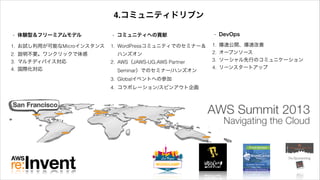 1. お試し利用が可能なMicroインスタンス
2. 説明不要。ワンクリックで体感
3. マルチディバイス対応
4. 国際化対応
1. WordPressコミュニティでのセミナー＆ 
ハンズオン
2. AWS（JAWS-UG,AWS Partner
Seminar）でのセミナー/ハンズオン
3. Globalイベントへの参加
4. コラボレーション/スピンアウト企画
1. 爆速公開、爆速改善
2. オープンソース
3. ソーシャル先行のコミュニケーション
4. リーンスタートアップ
• 体験型＆フリーミアムモデル • コミュニティへの貢献 • DevOps
4.コミュニティドリブン
 