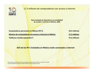11.3 millones de computadoras con acceso a internet



                                                     Base instalada de dispositivos con posibilidad
                                                        de acceder a internet en México, 2008




   Computadoras personales en México (PC’s)                                                           18.2 millones
   Número de computadoras con acceso a Internet en México                                             11.3 millones
   Teléfonos móviles (ajustados*)                                                                     73.6 millones




                     62% de las PC’s instaladas en México están conectadas a internet




Fuente: Select. Estudio trimestral de computadoras personales en México e Internet, Abril 2009
*La cifra de teléfonos móviles ajustados refleja el total de teléfonos en uso
 