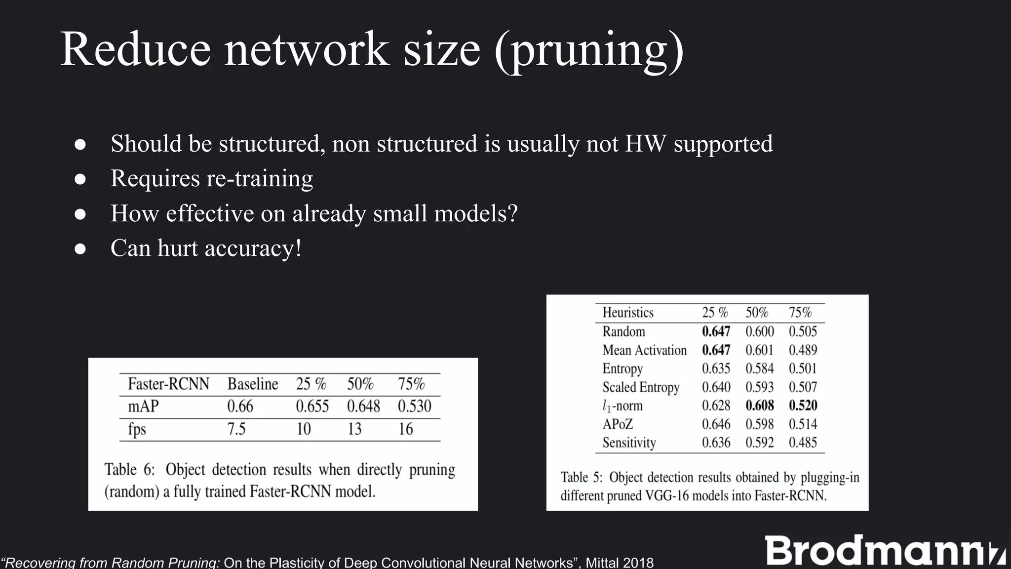 Reduce network size (pruning)
● Should be structured, non structured is usually not HW supported
● Requires re-training
● How effective on already small models?
● Can hurt accuracy!
“Recovering from Random Pruning: On the Plasticity of Deep Convolutional Neural Networks”, Mittal 2018
 