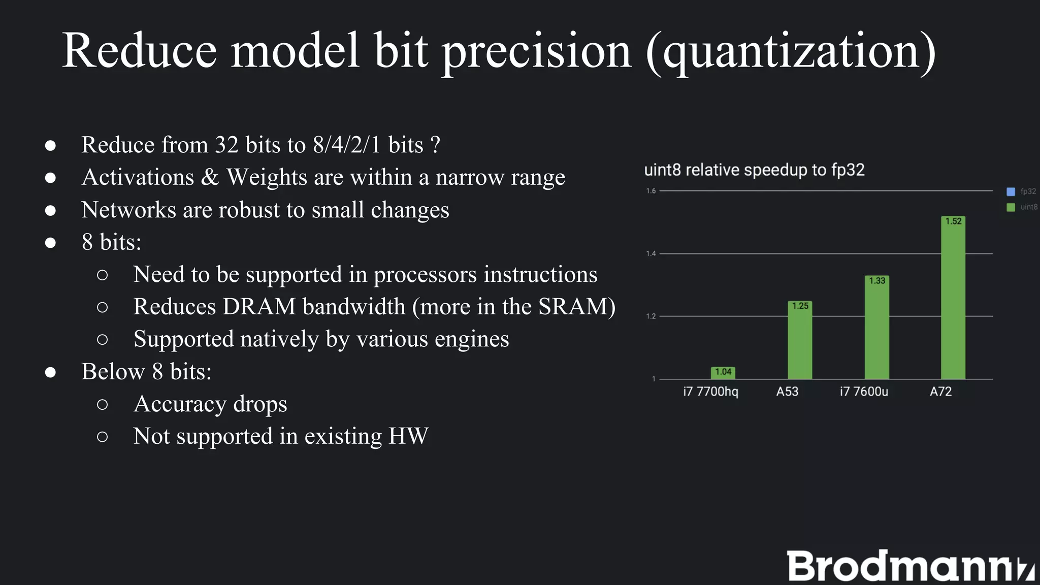 Reduce model bit precision (quantization)
● Reduce from 32 bits to 8/4/2/1 bits ?
● Activations & Weights are within a narrow range
● Networks are robust to small changes
● 8 bits:
○ Need to be supported in processors instructions
○ Reduces DRAM bandwidth (more in the SRAM)
○ Supported natively by various engines
● Below 8 bits:
○ Accuracy drops
○ Not supported in existing HW
 