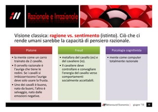 Visione classica: ragione vs. sentimento (istinto). Ciò che ci
  rende umani sarebbe la capacità di pensiero razionale.
          Platone                         Freud                     Psicologia cognitivista

• la mente come un carro       • metafora del cavallo (es) e   • mente come computer
  trainato da 2 cavalle.         del cavaliere (io).             totalmente razionale
• Il cervello razionale è      • Il cavaliere deve
  l'auriga che tiene le          controllare e convogliare
  redini. Se i cavalli si        l'energia del cavallo verso
  imbizzarriscono l'auriga       comportamenti
  deve solo usare la frusta.     socialmente accettabili.
• Uno dei cavalli è buono,
  nato da buoni, l'altro è
  selvaggio, nato dalle
  emozioni negative.

                                                               Behavioural Economics |   giugno ’10   11
 