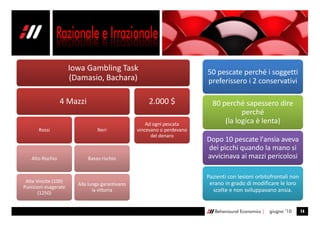 Iowa Gambling Task                                 50 pescate perché i soggetti
                      (Damasio, Bachara)                                 preferissero i 2 conservativi

                  4 Mazzi                            2.000 $               80 perché sapessero dire
                                                                                     perché
                                                     Ad ogni pescata           (la logica è lenta)
      Rossi                     Neri             vincevano o perdevano
                                                       del denaro
                                                                         Dopo 10 pescate l'ansia aveva
                                                                         dei picchi quando la mano si
   Alto Rischio             Basso rischio                                avvicinava ai mazzi pericolosi

                                                                         Pazienti con lesioni orbitofrontali non
 Alte Vincite (100)                                                       erano in grado di modificare le loro
                        Alla lunga garantivano
Punizioni esagerate
       (1250)
                               la vittoria                                 scelte e non sviluppavano ansia.


                                                                            Behavioural Economics |   giugno ’10   14
 