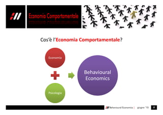 Cos’è l’Economia Comportamentale?


   Economia



                 Behavioural
                 Economics

   Psicologia



                           Behavioural Economics |   giugno ’10   17
 
