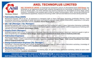 Anil Technoplus Limited, Group Company of Ahmedabad-based Anil Group, hiring technical professionals at Ahmedabad & Kadi locations