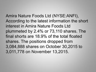 Amira Nature Foods Ltd (NYSE:ANFI),
According to the latest information the short
interest in Amira Nature Foods Ltd
plummeted by 2.4% or 73,110 shares. The
final shorts are 18.9% of the total floated
shares. The positions dropped from
3,084,888 shares on October 30,2015 to
3,011,778 on November 13,2015.
 