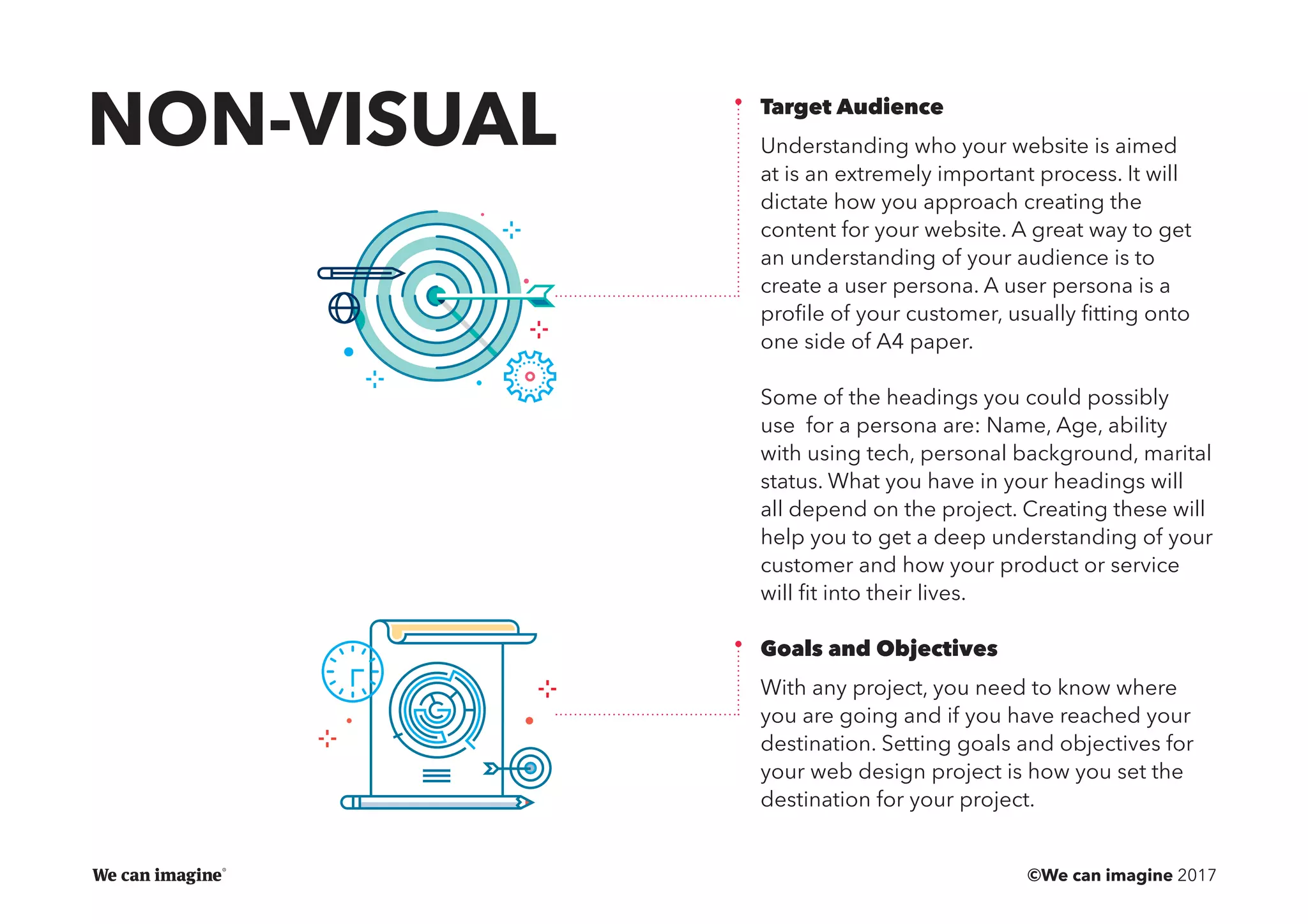 ©We can imagine 2017
Target Audience
Understanding who your website is aimed
at is an extremely important process. It will
dictate how you approach creating the
content for your website. A great way to get
an understanding of your audience is to
create a user persona. A user persona is a
profile of your customer, usually fitting onto
one side of A4 paper.
Some of the headings you could possibly
use for a persona are: Name, Age, ability
with using tech, personal background, marital
status. What you have in your headings will
all depend on the project. Creating these will
help you to get a deep understanding of your
customer and how your product or service
will fit into their lives.
Goals and Objectives
With any project, you need to know where
you are going and if you have reached your
destination. Setting goals and objectives for
your web design project is how you set the
destination for your project.
NON-VISUAL
 