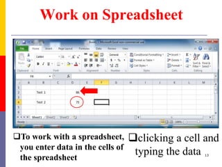 Work on Spreadsheet
To work with a spreadsheet,
you enter data in the cells of
the spreadsheet
clicking a cell and
typing the data 13
 