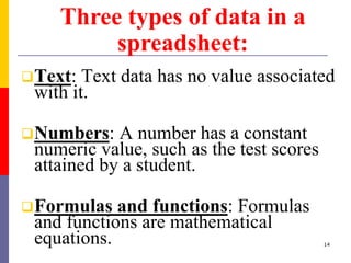 Text: Text data has no value associated
with it.
Numbers: A number has a constant
numeric value, such as the test scores
attained by a student.
Formulas and functions: Formulas
and functions are mathematical
equations.
Three types of data in a
spreadsheet:
14
 