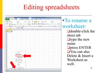 Editing spreadsheets
To rename a
worksheet:
double-click the
sheet tab
type the new
name
press ENTER
You can also
Delete & Insert a
Worksheet as
well.
18
 