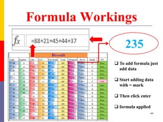 Formula Workings
235
 To add formula just
add data
 Start adding data
with = mark
 Then click enter
 formula applied
44
 