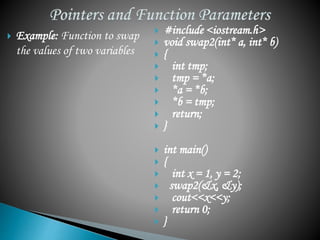  Example: Function to swap 
the values of two variables 
 #include <iostream.h> 
 void swap2(int* a, int* b) 
 { 
 int tmp; 
 tmp = *a; 
 *a = *b; 
 *b = tmp; 
 return; 
 } 
 int main() 
 { 
 int x = 1, y = 2; 
 swap2(&x, &y); 
 cout<<x<<y; 
 return 0; 
 } 
 