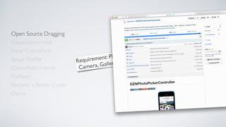 Open Source Dragging
Dependency Hell
Enter CocoaPods
Setup Podﬁle
CocoaPods Friends
Become a Better Coder
PodSpec
Demo
Requirement: Pick photos from
Camera, Gallery and the Web
 