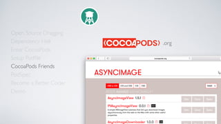 Open Source Dragging
Dependency Hell
Enter CocoaPods
Setup Podﬁle
CocoaPods Friends
Become a Better Coder
PodSpec
Demo
.org
 