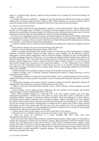 JOURNAL OF LANGUAGE TEACHING AND RESEARCH
© 2012 ACADEMY PUBLISHER
552
relative to a particular agent, because a specific learning technique may be strategic for one and non-strategic for
another…” (p. 165).
Yet another researcher has stated that “…strategies do not make learning more efficient; they are the raw material
without which L2 learning cannot take place” (Macaro, 2006). Debate continues as to a precise definition, and it is
hoped that ongoing research will help to elucidate the many facets of the concept of learning strategies.
D. Categories of Learning Strategies
Several strategies inventories have been proposed in response to various research projects. Macaro (2006) pointed
out that one of the biggest areas of difficulty in the study of learning strategies centers on a lack of clarity in both
definition and classification of learning strategies. The following section will present and introduce some of the most
well-known taxonomies which have been proposed by scholars in the field of language learning.
One of the most comprehensive pieces of research on learning strategies was carried out by O'Malley and Chamot
and colleagues in the 1980s. The final taxonomy which they came up with after several longitudinal studies consists of:
1. Metacognitive strategies: they have executive functions and include thinking about the learning process, planning
for the learning, monitoring and evaluating the learning process
2. Cognitive strategies: they are utilized to directly manipulate the learning tasks at hand and are applied to specific
tasks.
3. Socio-affective strategies: they have to do with interacting with others and
4. affective control to help learn the materials. (Brown, 2007, P.134)
Another very popular and frequently used strategy inventory was developed by Oxford and proposed six different
categories of learning strategies. Oxford used factor analysis to group strategies into the following: Cognitive,
metacognitive, memory related, compensatory, affective, and social strategies. Originally, the SILL was developed for
the Defense Language Institute in California as a way to measure the language learning strategies those students used
(Oxford & Burry-Stock, 1995). The current SILL provides an 80-item version for native speakers of English who are
learning a foreign language and a 50-item version for ESL/EFL students. Students respond to a series of statements
about possible strategy use by choosing one of the Likert-scale numbers, 1 – 5, with 1 representing “never or almost
never true of me” and 5 representing “always or almost always true of me” (p. 4). The SILL has been translated into
many different languages. Following are the six strategy groups with their corresponding subscales for the ESL/EFL
1990 version of the SILL:
1. Memory strategies, such as grouping, imagery, rhyming, and structured reviewing (nine items)
2. Cognitive strategies, such as reasoning, analyzing, summarizing (all reflective of deep processing), as well as
general practicing (14 items).
3. Compensation strategies (to compensate for limited knowledge), such as guessing meanings from the context in
reading and listening and using synonyms and gestures to convey meaning when the precise expression is not known
(six items).
4. Metacognitive strategies, such as paying attention, consciously searching for practice opportunities, planning for
language tasks, self-evaluating one’s progress, and monitoring error (nine items).
5. Affective (emotional, motivation-related) strategies, such as anxiety reduction, self-encouragement, and self-
reward (six items).
6. Social strategies, such as asking questions, cooperating with active speakers of the language, and becoming
culturally aware (six items). (Oxford & Burry-Stock, 1995, p.5)
Macaro (2001) classified strategies on a continuum with, at one end, cognitive strategies and at the other,
metacognitive/social/affective. Following the same pattern, he placed along with cognitive, subconscious, direct,
automatized, difficult to articulate, non-evaluative, primary, and natural. Along with metacognitive / social / affective,
he included conscious, indirect, controlled, easier to articulate, evaluative, support, and taught (p. 24). Those falling at
the cognitive side are closely related to the task at hand while those falling more at the metacognitive / social / affective
side are more related to the learner’s self-preparation to complete the task. Learners may be able to better articulate
what happens in these latter strategy types than they can in the more cognitive ones. We are reminded that this
classification falls on a continuum, so many strategies fall somewhere in-between the two extremes in each grouping.
Examples (direct, subconscious) might include the following:
1. Linking words or ideas to visual images as you see them or hear them” (more cognitive
2. Memorizing a list of vocabulary items by using some sort of system” (mid- range of continuum)
3. Asking the teacher for clarification or to repeat something they didn’t “quite catch (more
metacognitive/social/affective)” (p. 25).
In his more recent work, Macaro (2006) preferred to classify learning strategies as either cognitive or metacognitive,
claiming that metacognitive subsumes the socio-affective domains. Macaro presented his belief that strategies always
include a goal. That goal may have origin with the learner, as in the learner’s self-imposed desire to master a certain
concept, for example, or it may have a teacher-imposed goal, as in the necessity to pass a test. In his explanation of how
learning takes place in relation to strategy use, Macaro chose to identify and investigate strategy clusters, which can
include activation of several interrelated or sequential strategies. This concept of strategy clusters was followed in
interventions presented in this study.
 