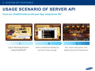 3. CHATON API FEATURES


USAGE SCENARIO OF SERVER API
Try to use ChatON Features into your App. Using Server API




                                                 Choose a buddy to play with:



               ChatON Buddies
               Connect with your ChatON
               buddies and play!




                 1                                            2                               3
     Log in Samsung Account               Select a buddy from Buddy List         Play action match game with
        using ChatON API                     and send invite message            Buddy and share the experience
 