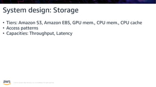 © 2019, Amazon Web Services, Inc. or its affiliates. All rights reserved.
System design: Storage
• Tiers: Amazon S3, Amazon EBS, GPU mem., CPU mem., CPU cache
• Access patterns
• Capacities: Throughput, Latency
 