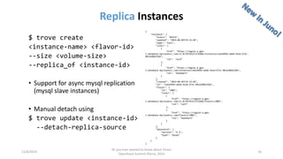 Replica Instances 
11/6/2014 
All you ever wanted to know about Trove! 
OpenStack Summit (Paris), 2014 
16 
$ trove create 
<instance-name> <flavor-id> 
--size <volume-size> 
--replica_of<instance-id> 
•Support for asyncmysqlreplication (mysqlslave instances) 
•Manual detach using 
$ trove update <instance-id> 
--detach-replica-source 
{ 
"instance": { 
"status": "BUILD", 
"updated": "2014-06-05T19:33:46", 
"name": "test", 
"links": [ 
{ 
"href": "https://region-a.geo- 1.database.hpcloudsvc.com/v1.0/39745227274204/instances/ce629494-a64d-41ed-b73c- 04cb28bb33bb", 
"rel": "self" 
}, 
{ 
"href": "https://region-a.geo- 1.database.hpcloudsvc.com/instances/ce629494-a64d-41ed-b73c-04cb28bb33bb", 
"rel": "bookmark" 
} 
], 
"created": "2014-06-05T19:33:46", 
"id": "ce629494-a64d-41ed-b73c-04cb28bb33bb", 
"flavor": { 
"id": "1002", 
"links": [ 
{ 
"href": "https://region-a.geo- 1.database.hpcloudsvc.com/v1.0/39745227274204/flavors/1002", 
"rel": "self" 
}, 
{ 
"href": "https://region-a.geo- 1.database.hpcloudsvc.com/flavors/1002", 
"rel": "bookmark" 
} 
] 
}, 
"datastore": { 
"version": "5.5", 
"type": "mysql" 
} 
} 
}  