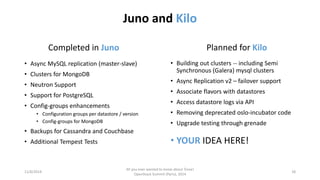 Juno and Kilo 
11/6/2014 
All you ever wanted to know about Trove! 
OpenStack Summit (Paris), 2014 
18 
Completed in Juno 
•AsyncMySQL replication (master-slave) 
•Clusters for MongoDB 
•Neutron Support 
•Support for PostgreSQL 
•Config-groups enhancements 
•Configuration groups per datastore / version 
•Config-groups for MongoDB 
•Backups for Cassandra and Couchbase 
•Additional Tempest Tests 
Planned for Kilo 
•Building out clusters --including Semi Synchronous (Galera) mysqlclusters 
•AsyncReplication v2 –failover support 
•Associate flavors with datastores 
•Access datastore logs via API 
•Removing deprecated oslo-incubator code 
•Upgrade testing through grenade 
•YOURIDEA HERE!  