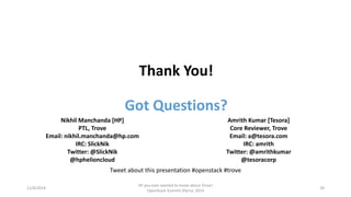 Thank You! Got Questions? 
11/6/2014 
All you ever wanted to know about Trove! 
OpenStack Summit (Paris), 2014 
20 
Nikhil Manchanda [HP] 
PTL, Trove 
Email: nikhil.manchanda@hp.com 
IRC: SlickNik 
Twitter:@SlickNik@hphelioncloud 
Amrith Kumar [Tesora] 
Core Reviewer, Trove 
Email: a@tesora.com 
IRC: amrith 
Twitter: @amrithkumar@tesoracorp 
Tweet about this presentation #openstack#trove 