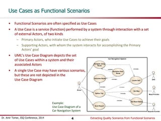 Car Navigation System 
Define Trip 
Locate Self 
Send Report 
Driver 
Navigate along 
Route 
Maps Provider 
Get Map 
Get Road Status 
GPS 
Deviation from 
Route 
Reports Provider 
Calculate Route 
«include» 
«include» 
«include» 
«include» 
«include» 
«include» 
«extend» 
Use Cases as Functional Scenarios 
• Functional Scenarios are often specified as Use Cases 
• A Use Case is a service (function) performed by a system through interaction with a set 
of external Actors, of two kinds 
– Primary Actors, who initiate Use Cases to achieve their goals 
– Supporting Actors, with whom the system interacts for accomplishing the Primary 
Actors’ goal 
• UML’s Use Case Diagram depicts the set 
of Use Cases within a system and their 
associated Actors 
• A single Use Case may have various scenarios, 
but these are not depicted in the 
Use Case Diagram 
Example: 
Use Case Diagram of a 
Car Navigation System 
Dr. Amir Tomer, ISQ Conference, 2014 Extracting 4 Quality Scenarios from Functional Scenarios 
 