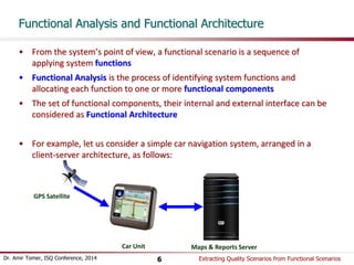 Functional Analysis and Functional Architecture 
• From the system’s point of view, a functional scenario is a sequence of 
applying system functions 
• Functional Analysis is the process of identifying system functions and 
allocating each function to one or more functional components 
• The set of functional components, their internal and external interface can be 
considered as Functional Architecture 
• For example, let us consider a simple car navigation system, arranged in a 
client-server architecture, as follows: 
Car Unit Maps & Reports Server 
GPS Satellite 
Dr. Amir Tomer, ISQ Conference, 2014 Extracting 6 Quality Scenarios from Functional Scenarios 
 