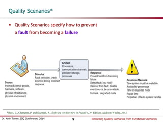 Quality Scenarios* 
• Quality Scenarios specify how to prevent 
a fault from becoming a failure 
*Bass, L., Clements, P. and Kazman, R., Software Architecture in Practice, 3rd Edition, Addison-Wesley, 2012 
Dr. Amir Tomer, ISQ Conference, 2014 Extracting 9 Quality Scenarios from Functional Scenarios 
 