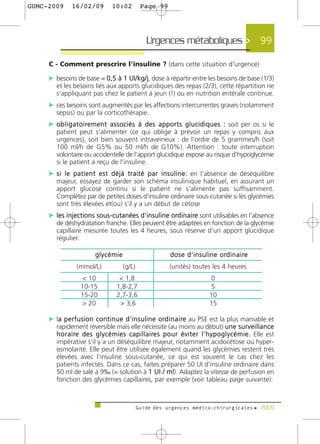 GUMC-2009       16/02/09             10:02          Page 99




                                                       Urgences métaboliques > 99

     C - Comment prescrire l'insuline ? (dans cette situation d'urgence)

     c besoins de base = 0,5 à 1 UI/kg/j, dose à répartir entre les besoins de base (1/3)
        et les besoins liés aux apports glucidiques des repas (2/3), cette répartition ne
        s'appliquant pas chez le patient à jeun (!) ou en nutrition entérale continue.
     c ces besoins sont augmentés par les affections intercurrentes graves (notamment
        sepsis) ou par la corticothérapie.
     c o b l i g a t o i re m e n t a s s o c i é s à d e s a p p o r t s g l u c i d i q u e s : soit per os si le
        patient peut s'alimenter (ce qui oblige à prévoir un repas y compris aux
        urgences), soit bien souvent intraveineux : de l'ordre de 5 grammes/h (soit
        100 ml/h de G5% ou 50 ml/h de G10%). Attention : toute interruption
        volontaire ou accidentelle de l'apport glucidique expose au risque d'hypoglycémie
        si le patient a reçu de l'insuline.
     c s i l e p a t i e n t e s t d é j à t r a i t é p a r i n s u l i n e : en l'absence de déséquilibre
        majeur, essayez de garder son schéma insulinique habituel, en assurant un
        apport glucosé continu si le patient ne s'alimente pas suffisamment.
        Complétez par de petites doses d'insuline ordinaire sous-cutanée si les glycémies
        sont très élevées et(ou) s'il y a un début de cétose
     c les injections sous-cutanées d'insuline ord i n a i re sont utilisables en l'absence
        de déshydratation franche. Elles peuvent être adaptées en fonction de la glycémie
        capillaire mesurée toutes les 4 heures, sous réserve d'un apport glucidique
        régulier.

                            glycémie                                d o s e d ' i n s u l i n e o rd i n a i re
                  (mmol/L)                 (g/L)                    (unités) toutes les 4 heures
                    < 10                 < 1,8                                            0
                    10-15               1,8-2,7                                           5
                    15-20               2,7-3,6                                          10
                    > 20                 > 3,6                                           15

     c la p e r f u s i o n c o n t i n u e d ' i n s u l i n e o rd i n a i re au PSE est la plus maniable et
        a
        rapidement réversible mais elle nécessite (au moins au début) u n e s u r v e i l l a n c e
        h o r a i re d e s g l y c é m i e s c a p i l l a i re s p o u r é v i t e r l ' h y p o g l y c é m i e . Elle est
        impérative s'il y a un déséquilibre majeur, notamment acidocétose ou hyper-
        osmolarité. Elle peut être utilisée également quand les glycémies restent très
        élevées avec l'insuline sous-cutanée, ce qui est souvent le cas chez les
        patients infectés. Dans ce cas, faites préparer 50 UI d'insuline ordinaire dans
        50 ml de salé à 9‰ (= solution à 1 UI / ml). Adaptez la vitesse de perfusion en
        fonction des glycémies capillaires, par exemple (voir tableau page suivante):



                                                   Guide des urgences médico-chirurgicales f 2009
 