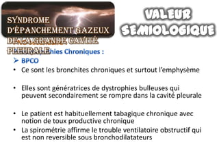 Syndrome
d’épanchement gazeux
de la grande cavité
pleurale

 • Ce sont les bronchites chroniques et surtout l’emphysème

 • Elles sont génératrices de dystrophies bulleuses qui
   peuvent secondairement se rompre dans la cavité pleurale

 • Le patient est habituellement tabagique chronique avec
   notion de toux productive chronique
 • La spirométrie affirme le trouble ventilatoire obstructif qui
   est non reversible sous bronchodilatateurs
 