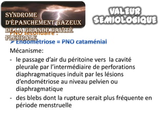 Syndrome
d’épanchement gazeux
de la grande cavité
pleurale

 Mécanisme:
 - le passage d’air du péritoine vers la cavité
   pleurale par l’intermédiaire de perforations
   diaphragmatiques induit par les lésions
   d’endométriose au niveau pelvien ou
   diaphragmatique
 - des blebs dont la rupture serait plus fréquente en
   période menstruelle
 