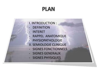 PLAN

I. INTRODUCTION :
- DEFINITION
- INTERET
- RAPPEL ANATOMIQUE
- PHYSIOPATHOLOGIE
II. SEMIOLOGIE CLINIQUE
- SIGNES FONCTIONNELS
- SIGNES GENERAUX
- SIGNES PHYSIQUES
 