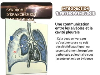 Syndrome           Introduction
d’épanchement   5.physiopathologie
gazeux de la
grande cavité   Une communication
pleurale        entre les alvéoles et la
                cavité pleurale
                - Cela peutarriver sans
                qu’aucune cause ne soit
                decelée(idiopathique) ou
                secondairement lorsqu’une
                pathologie pulmonaire sous
                jacente est mis en évidence
 